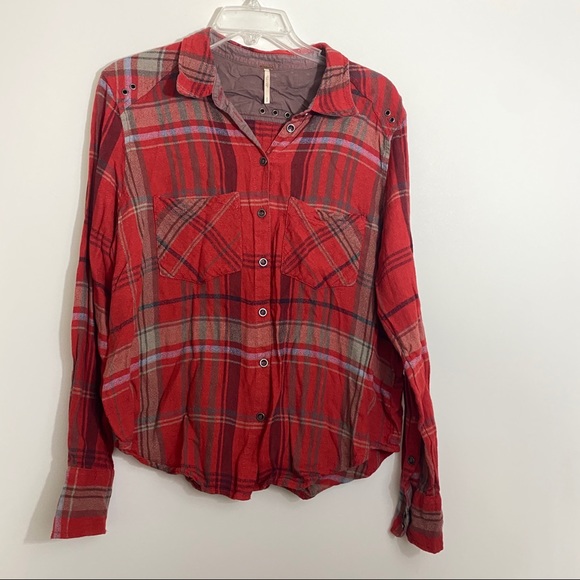 Free People Wesley Red Plaid Botton Front Shirt S - Picture 7 of 12